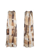 A front and back view of a long, sleeveless dress with a brown and beige patchwork pattern.