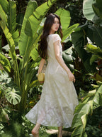 Apricot Midi Dress Featuring Cinched Waist and Short Sleeves