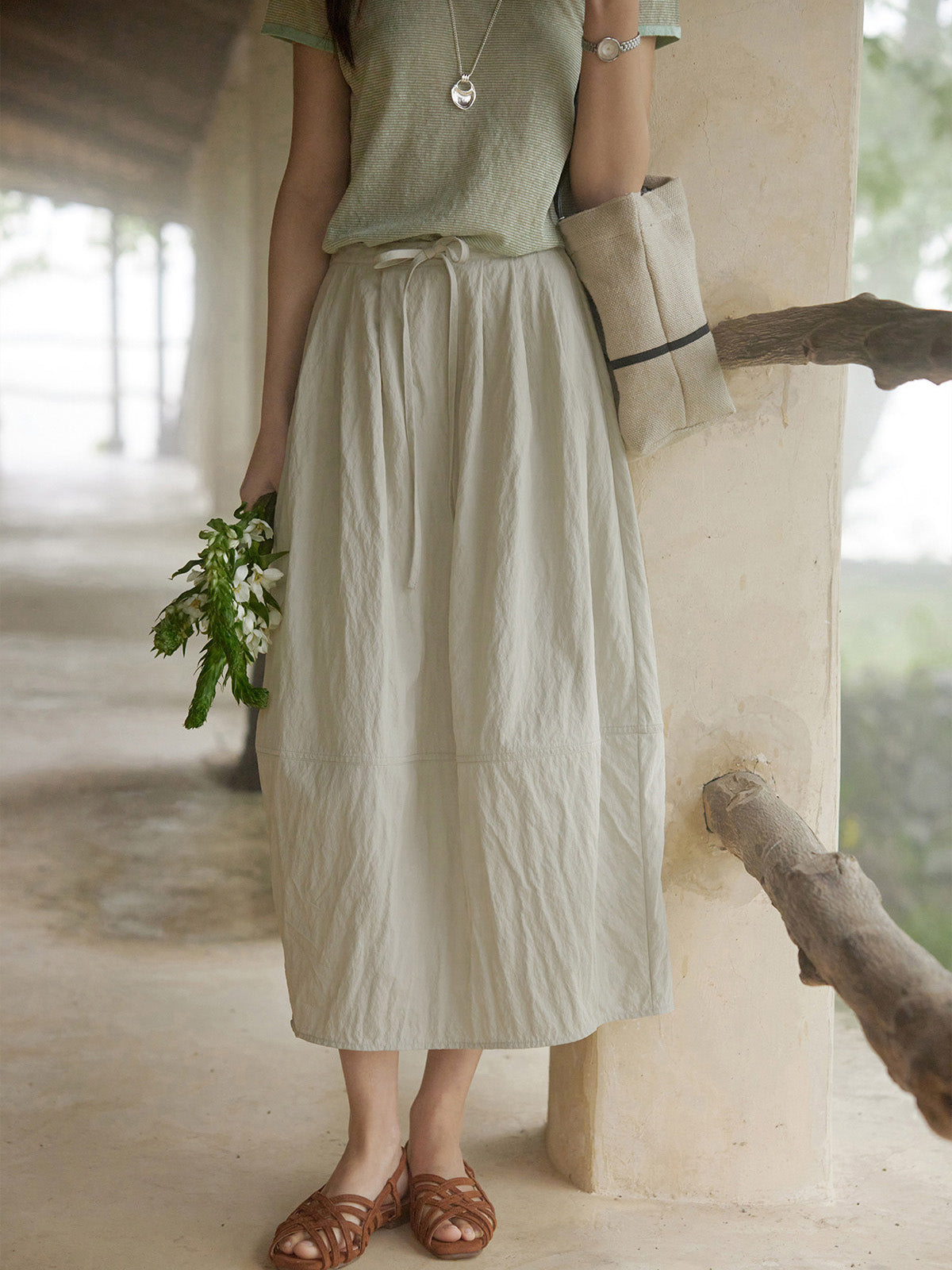 A-line Ivory and Light Blue Skirt with Pleated Waist