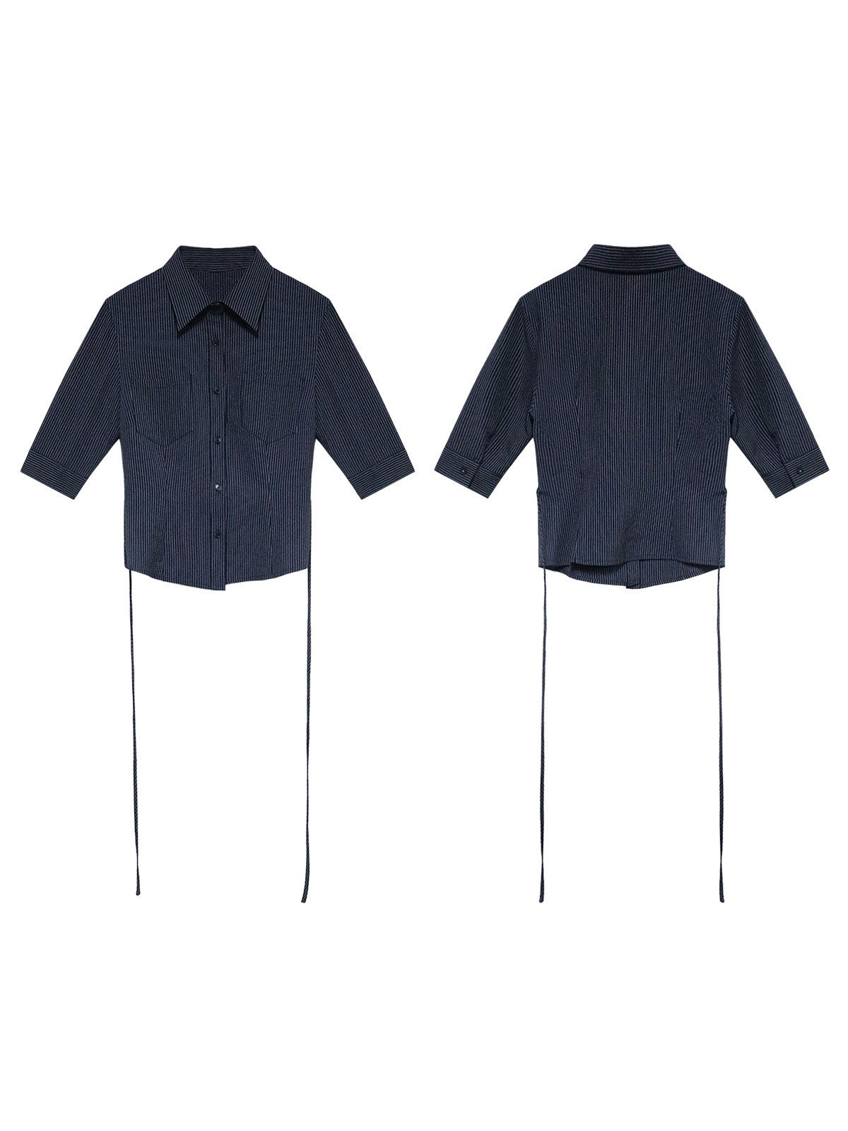 A navy striped fitted top with a collar, button-front closure, cuffed sleeves, and side ties.