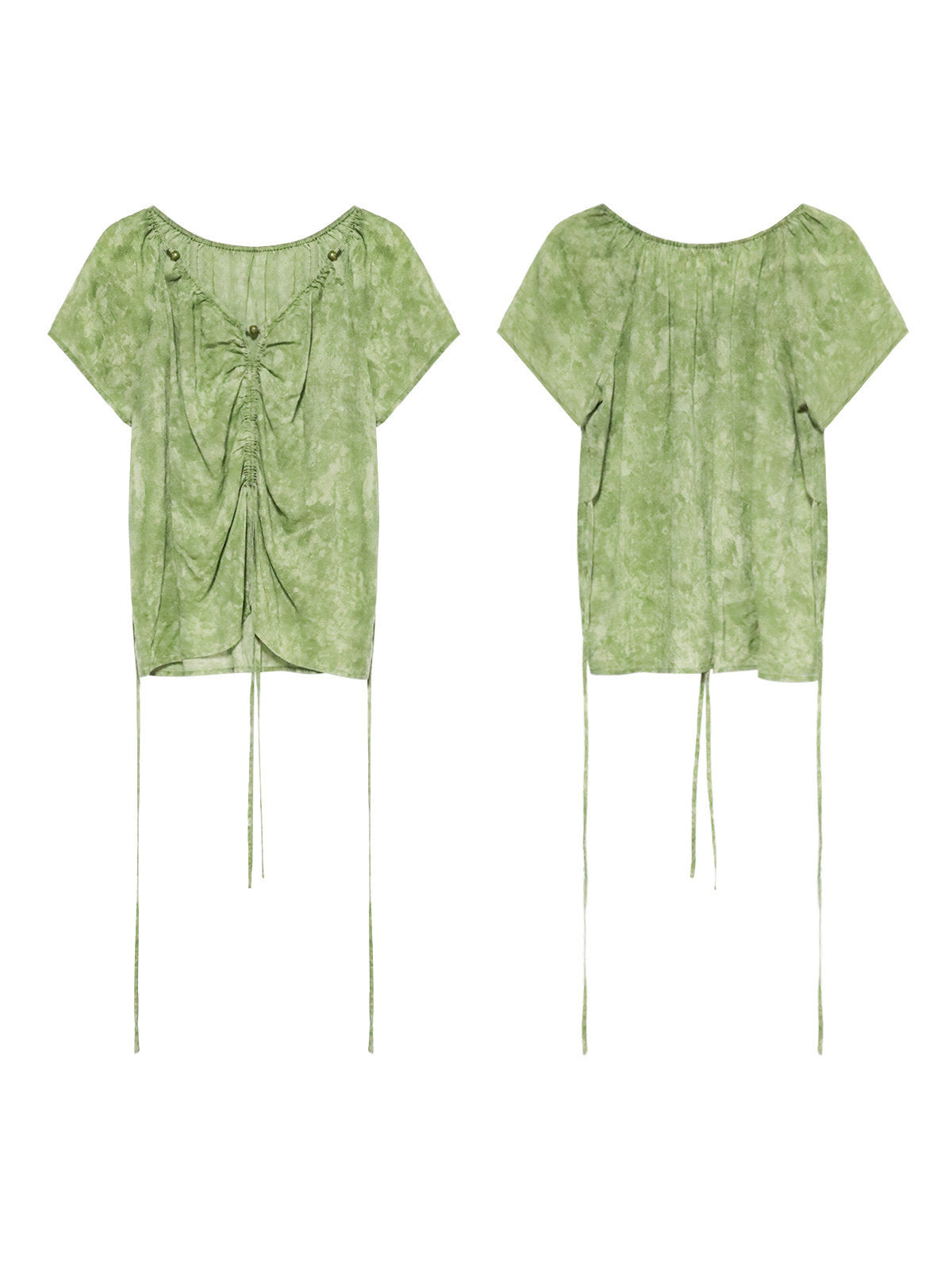 A flat lay shows a green tie-dye top from the front and back, highlighting its ruched design.