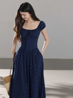 Navy Blue Maxi Dress with Square Neckline and Puffed Sleeves