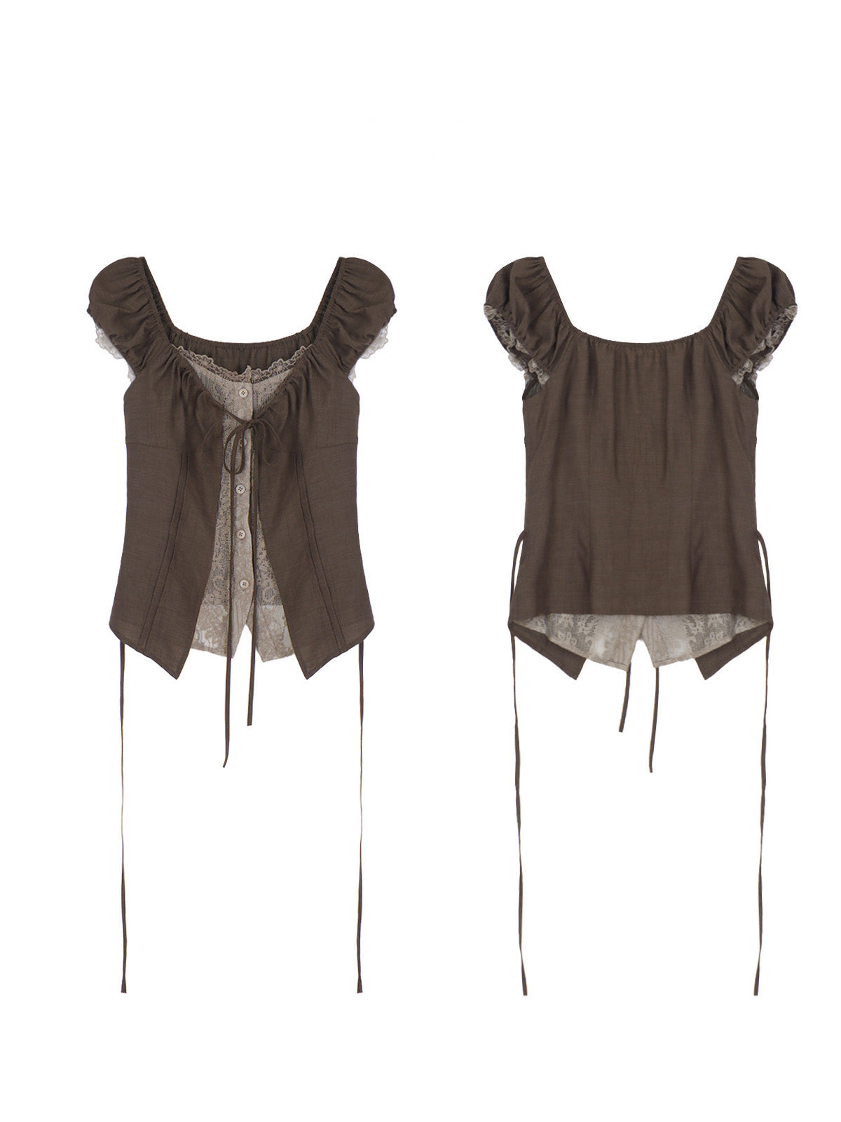 Flat lay of brown puff sleeve top with lace trim and side ties.