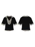 A front and back view of a black and white striped layered V-neck top with short sleeves.
