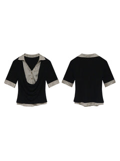 A front and back view of a black and white striped layered V-neck top with short sleeves.