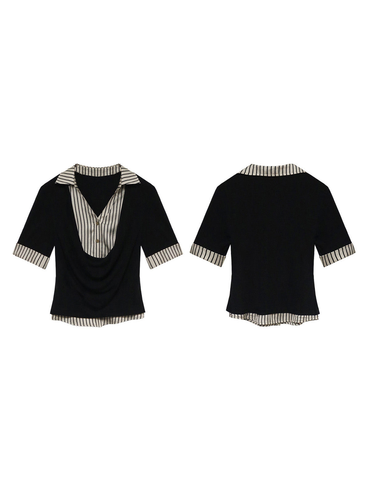 A front and back view of a black and white striped layered V-neck top with short sleeves.