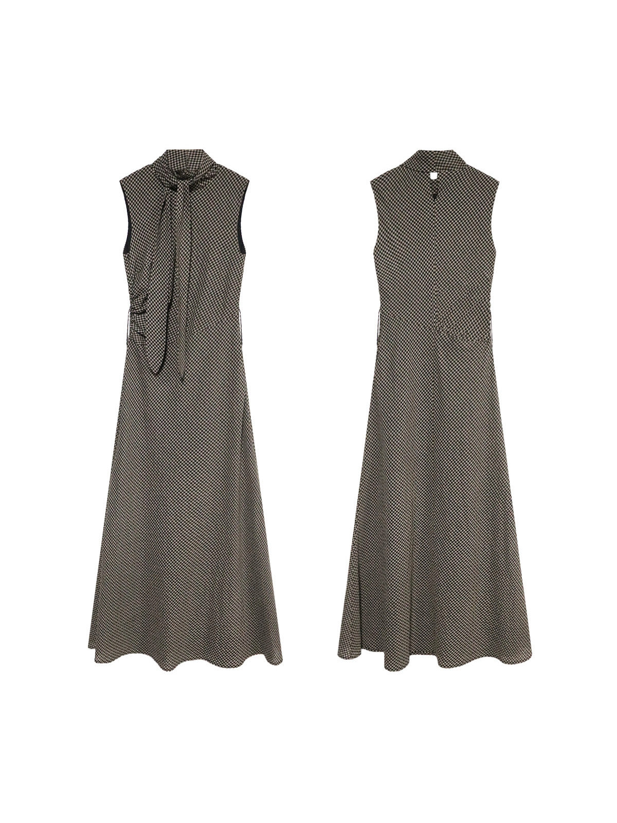A front and back view of a sleeveless black gingham floor-length dress with a high neck and tie detail.