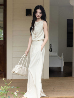 High-Rise Cream Wide-Leg Pants with Elasticated Waist