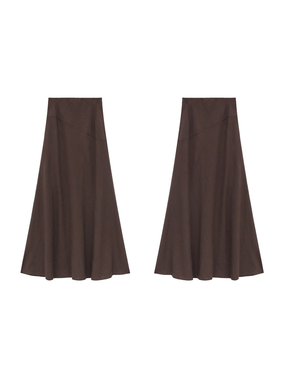 Brown textured fabric long skirt with high waist and flared hem.