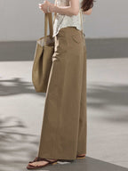 Full-length view of khaki wide-leg pants with straight hem and high-rise waist