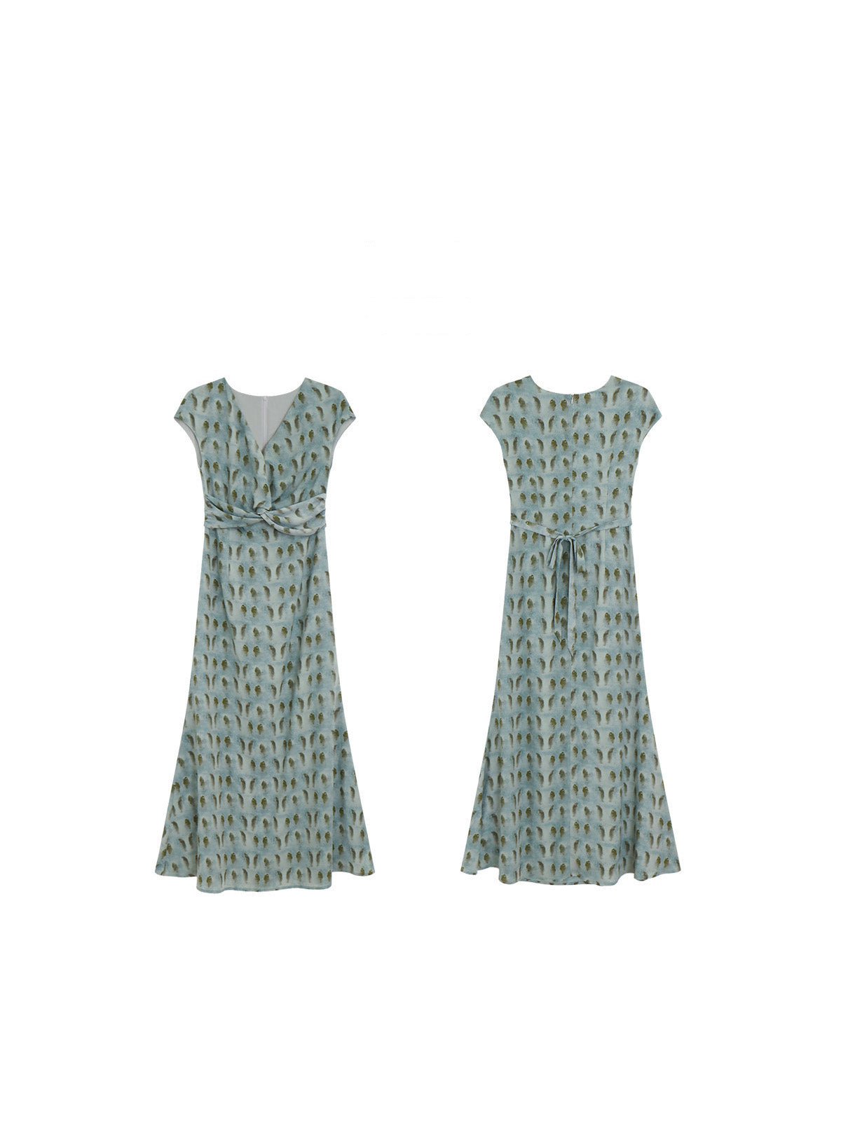 Front and back views of a long, light blue dress with a green leaf pattern.
