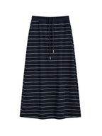 Navy Stripe Cotton Midi Skirt Featuring Side Slit