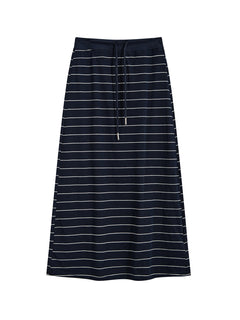 Navy Stripe Cotton Midi Skirt Featuring Side Slit
