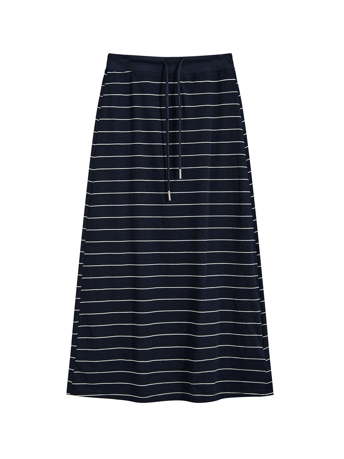 Navy Stripe Cotton Midi Skirt Featuring Side Slit