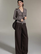 Dark Brown High-Rise Wide-Leg Trousers with Front Pleats