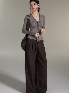 Dark Brown High-Rise Wide-Leg Trousers with Front Pleats