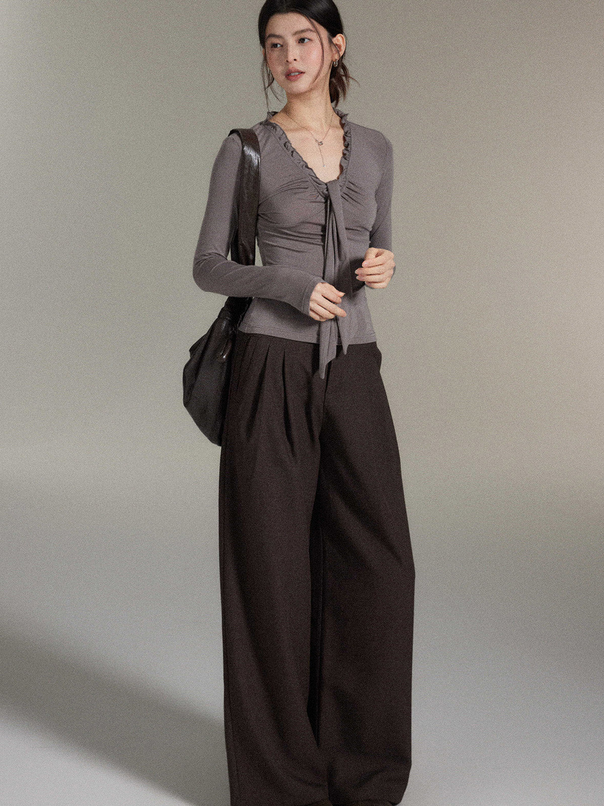 Dark Brown High-Rise Wide-Leg Trousers with Front Pleats