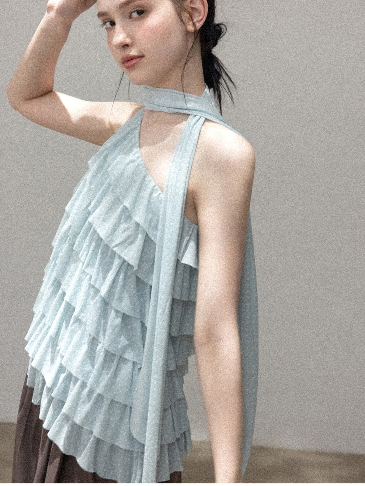 Light Blue Asymmetric Halter Top with Front Ruffles and Open Back