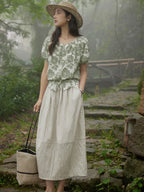 A-line Ivory and Light Blue Skirt with Pleated Waist