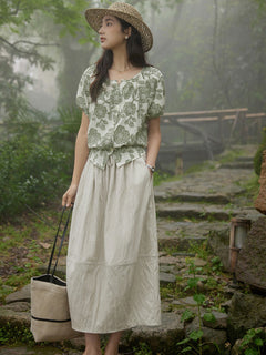 A-line Ivory and Light Blue Skirt with Pleated Waist