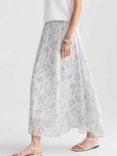 Blue Floral A-Line Pleated Skirt with Elastic Waist