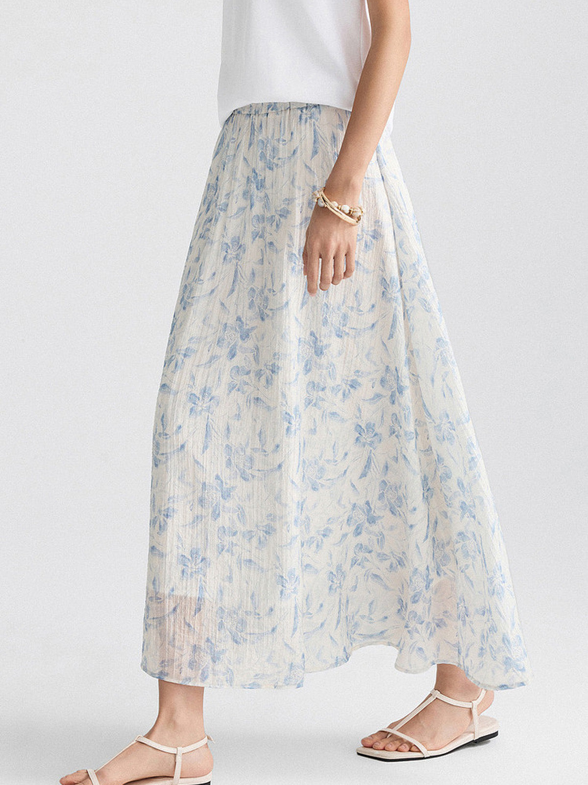 Blue Floral A-Line Pleated Skirt with Elastic Waist