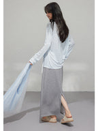 Grey A-Line Midi Skirt with Side Slit and Drawstring Waist