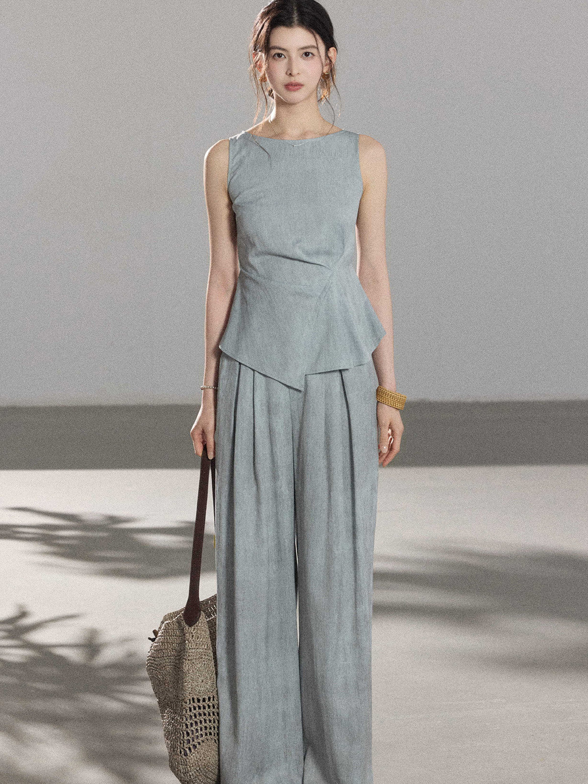 Light blue a-line pleated skirt from back view