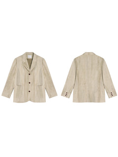 Khaki Long Double-Breasted Blazer with Notch Collar