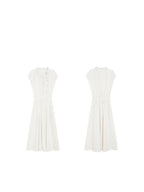 A flat lay of the ivory A-line long dress showing front and back views.