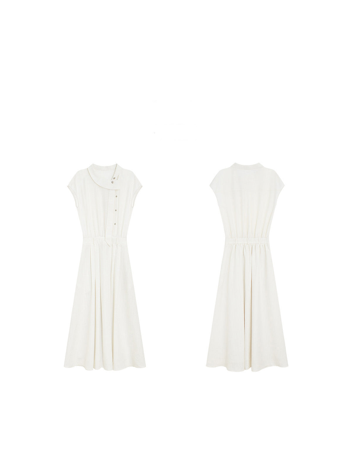 A flat lay of the ivory A-line long dress showing front and back views.