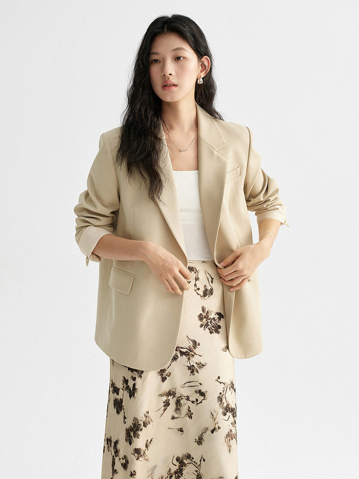 Ivory Floral A-Line Midi Skirt with Pleated Fishtail Hem