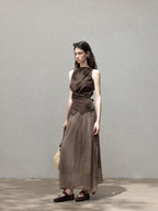 Brown Sleeveless Tank Top With High Neck And Asymmetric Hem