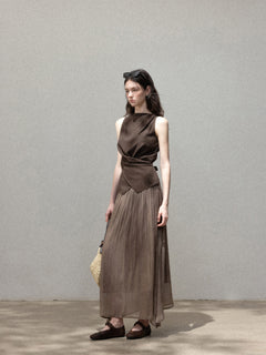 Brown Sleeveless Tank Top With High Neck And Asymmetric Hem
