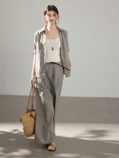 Grey Wide-leg Pants with High-rise and Pleated Front