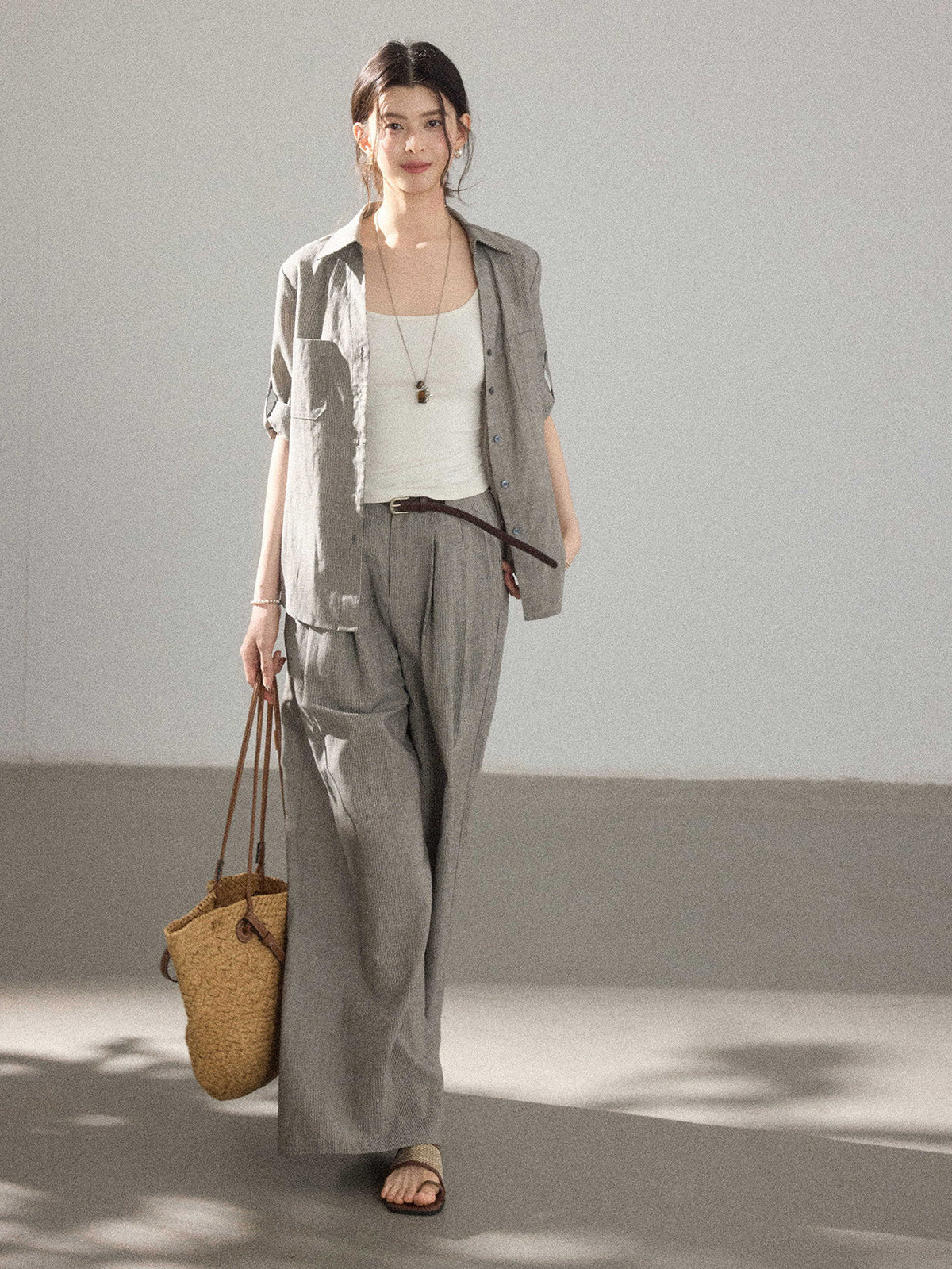 Grey Wide-leg Pants with High-rise and Pleated Front