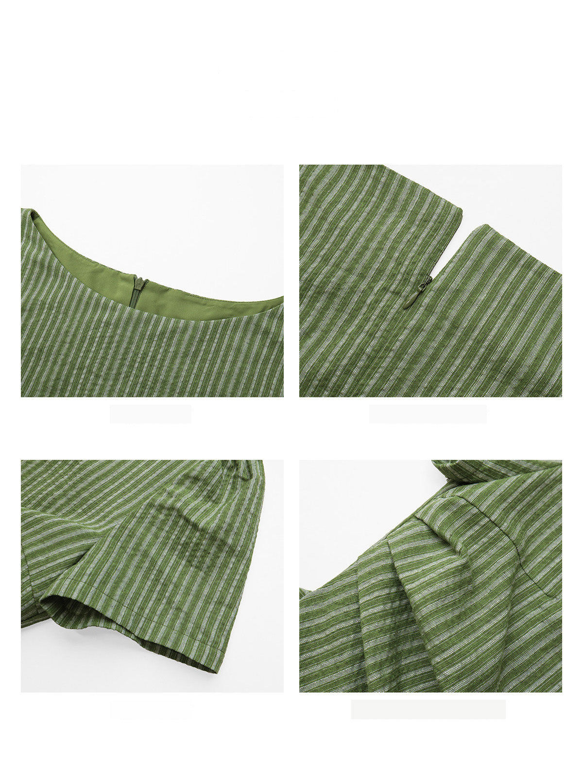 Close-up details of a green striped dress showing the neckline, back zipper, sleeve hem, and waist pleat.