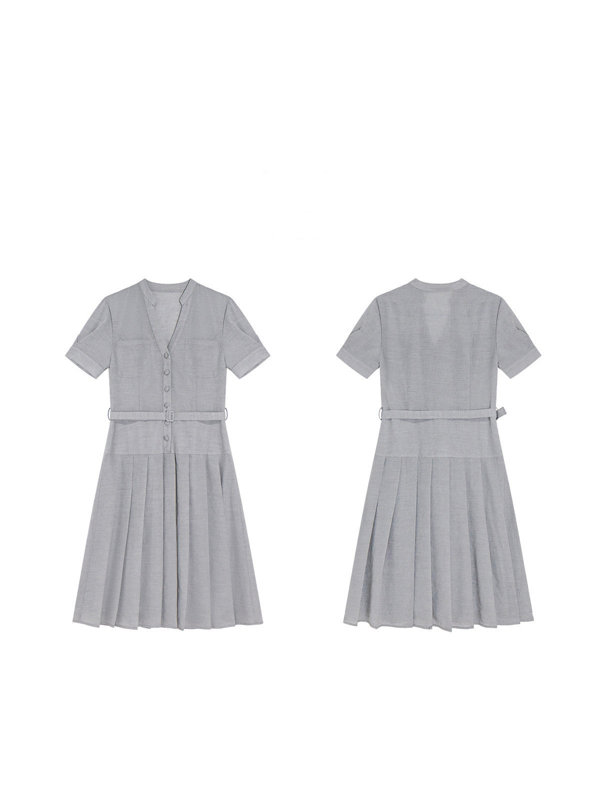A flat lay of a grey A-line midi dress with short sleeves, a V-neck collar, and pleated skirt.