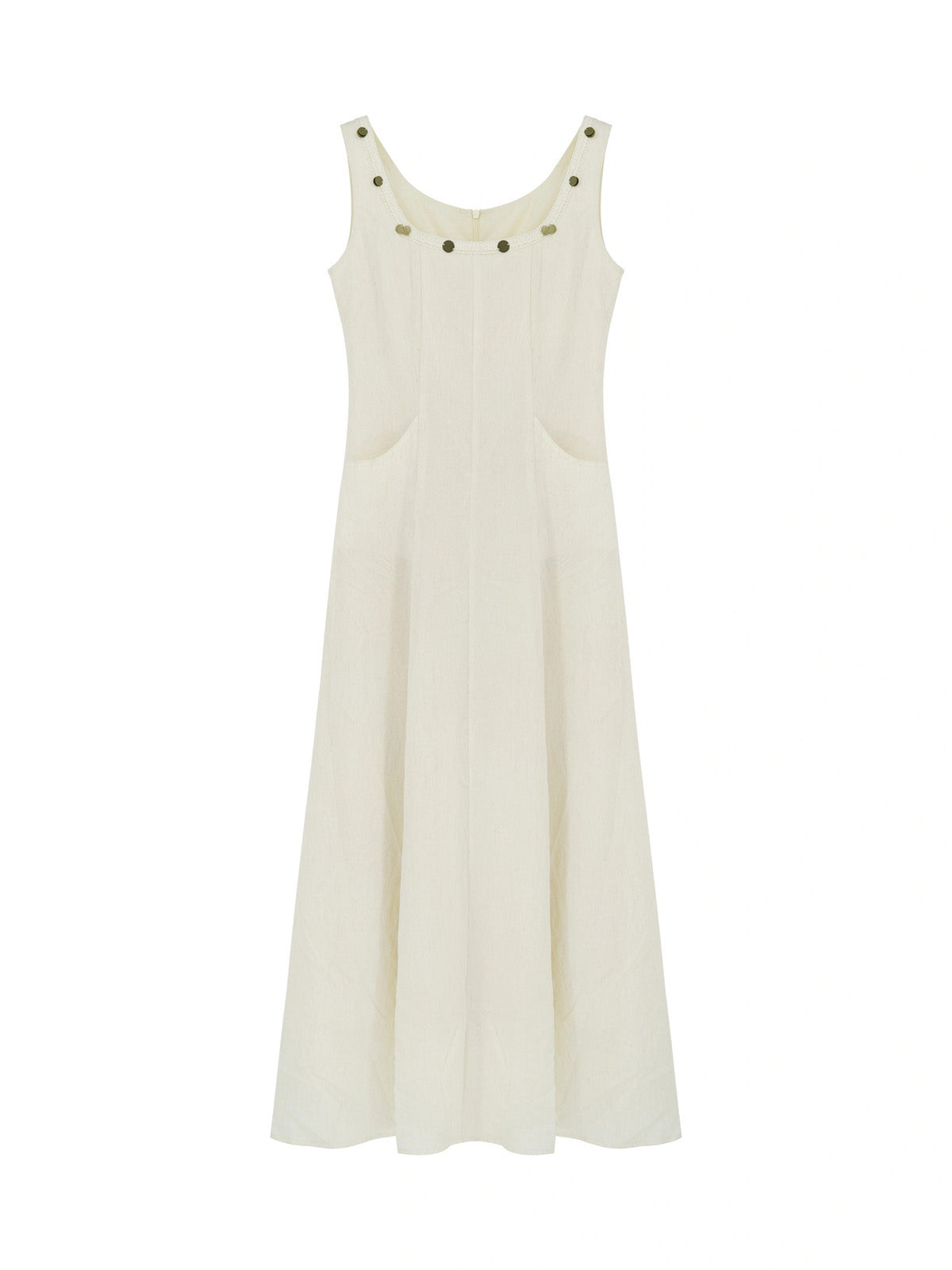 Ivory dress with a square neckline, thin straps, embroidered trim, and side pockets.