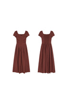 A flat lay of a red dress with a V-neck and front buttons, shown from the front and back.