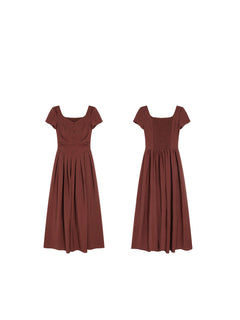 A flat lay of a red dress with a V-neck and front buttons, shown from the front and back.