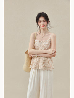 Apricot Short Peplum Tank Top with Square Neck and Thin Straps
