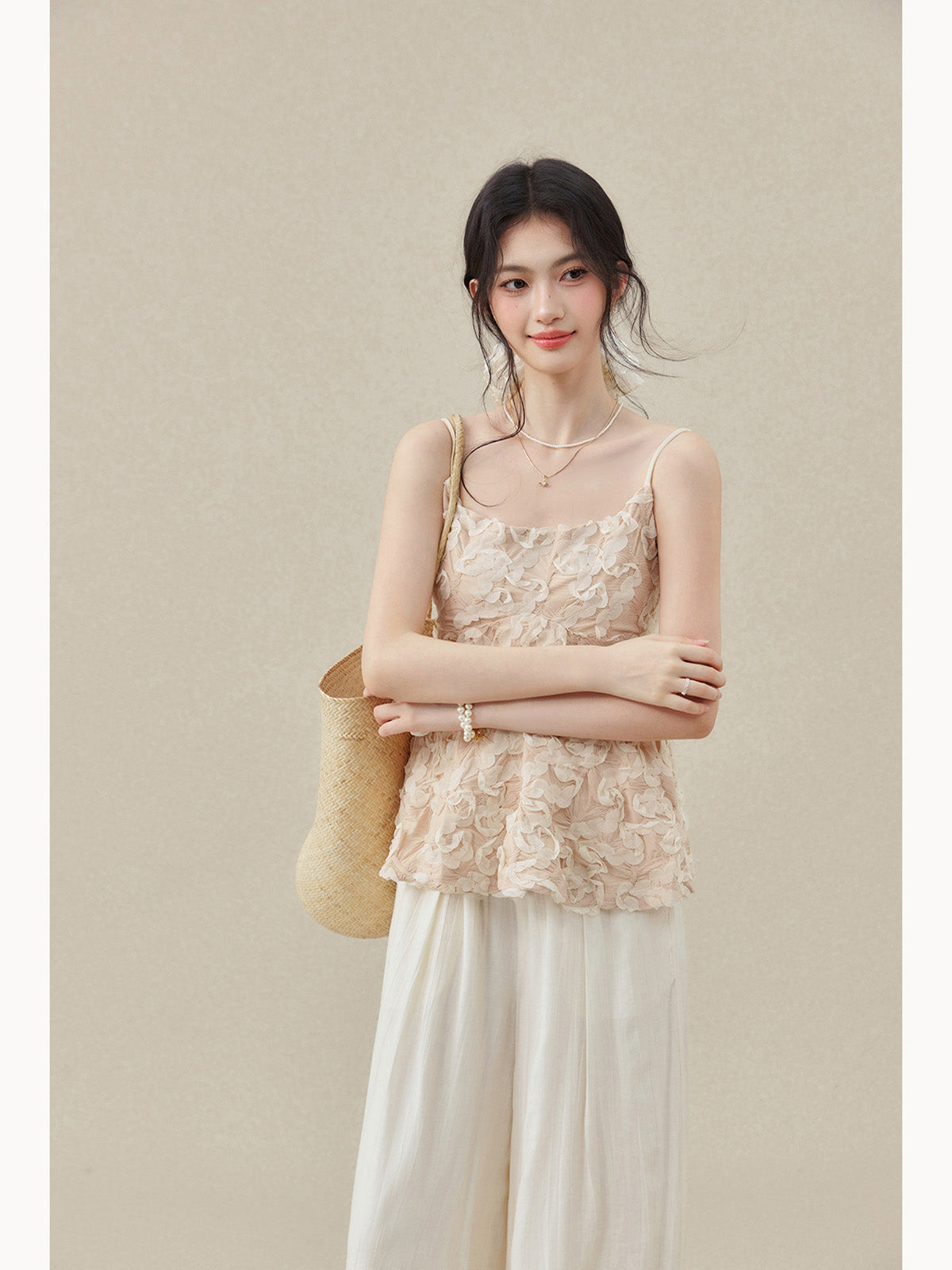 Apricot Short Peplum Tank Top with Square Neck and Thin Straps