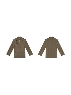 Brown long-sleeve blazer with notched collar and double-breasted buttons.
