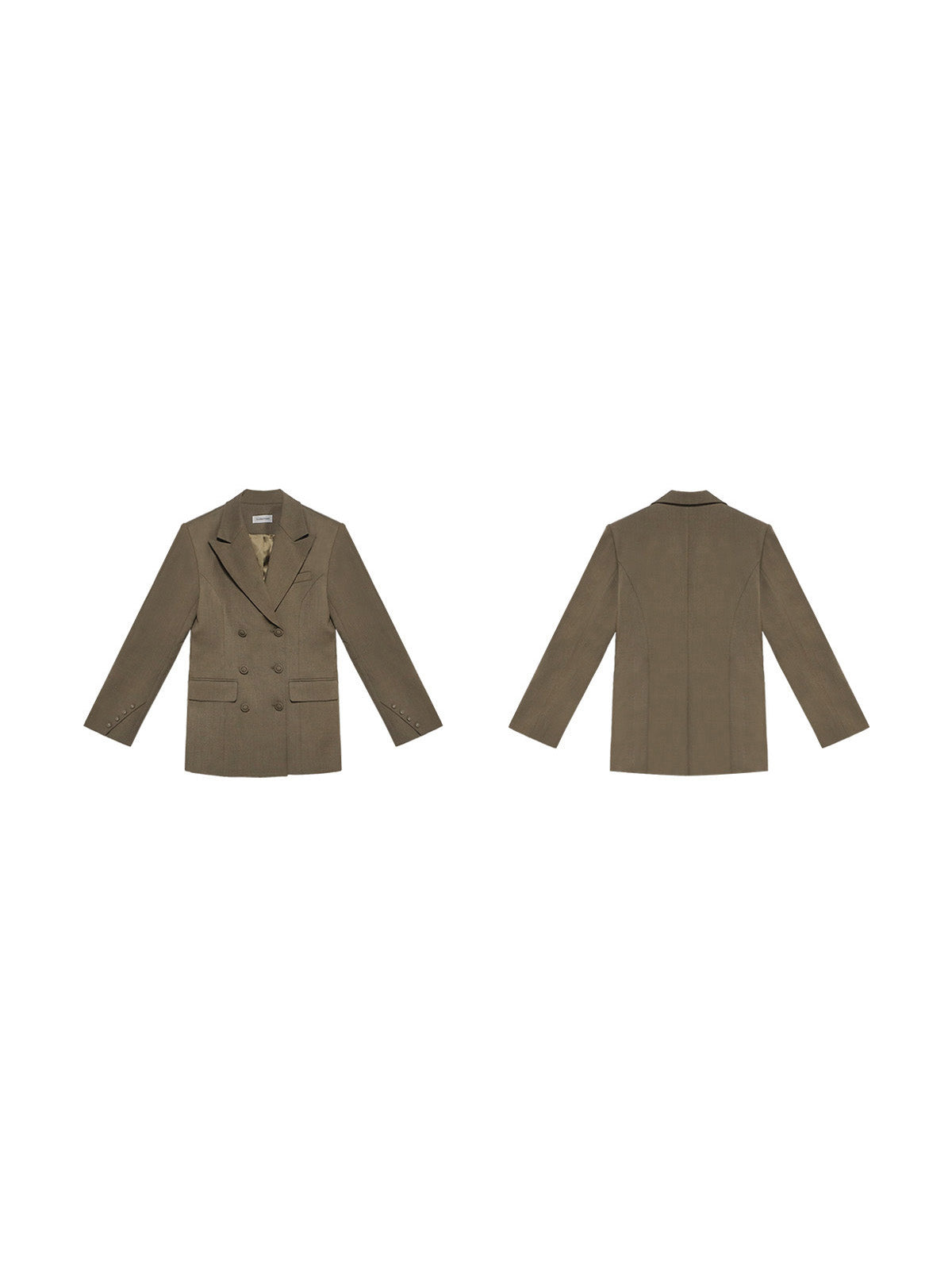 Brown long-sleeve blazer with notched collar and double-breasted buttons.