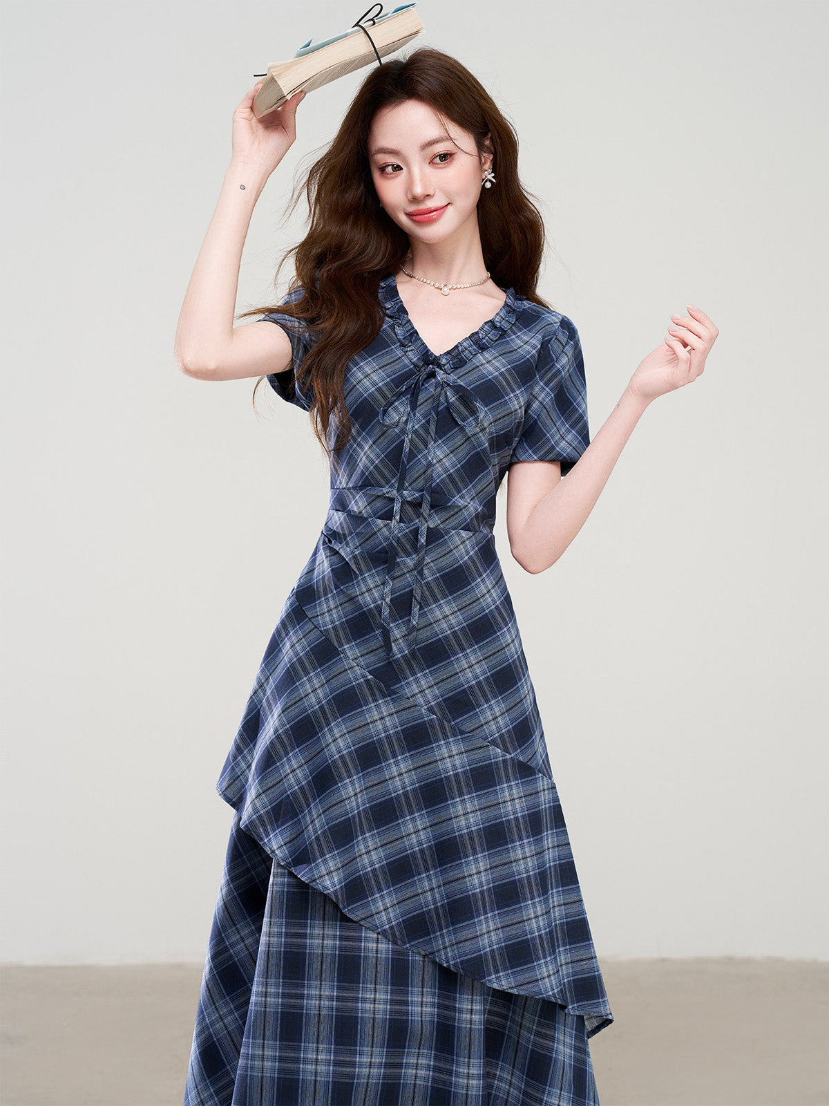 Navy Blue Plaid Midi Dress with V-Neck Ruffle and Short Sleeves