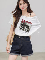 High Rise Denim Shorts with Cuffed Hem and Pockets