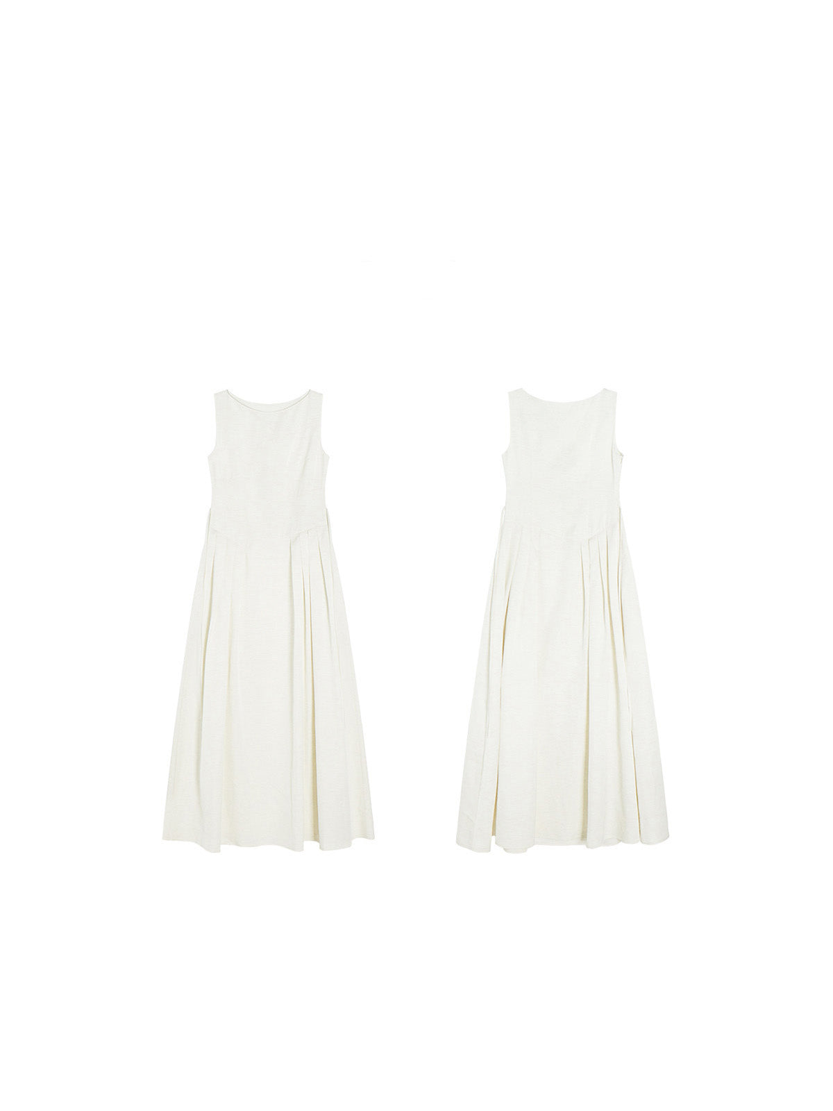A flat lay of a cream sleeveless A-line floor-length dress with side pleats and a round neckline.