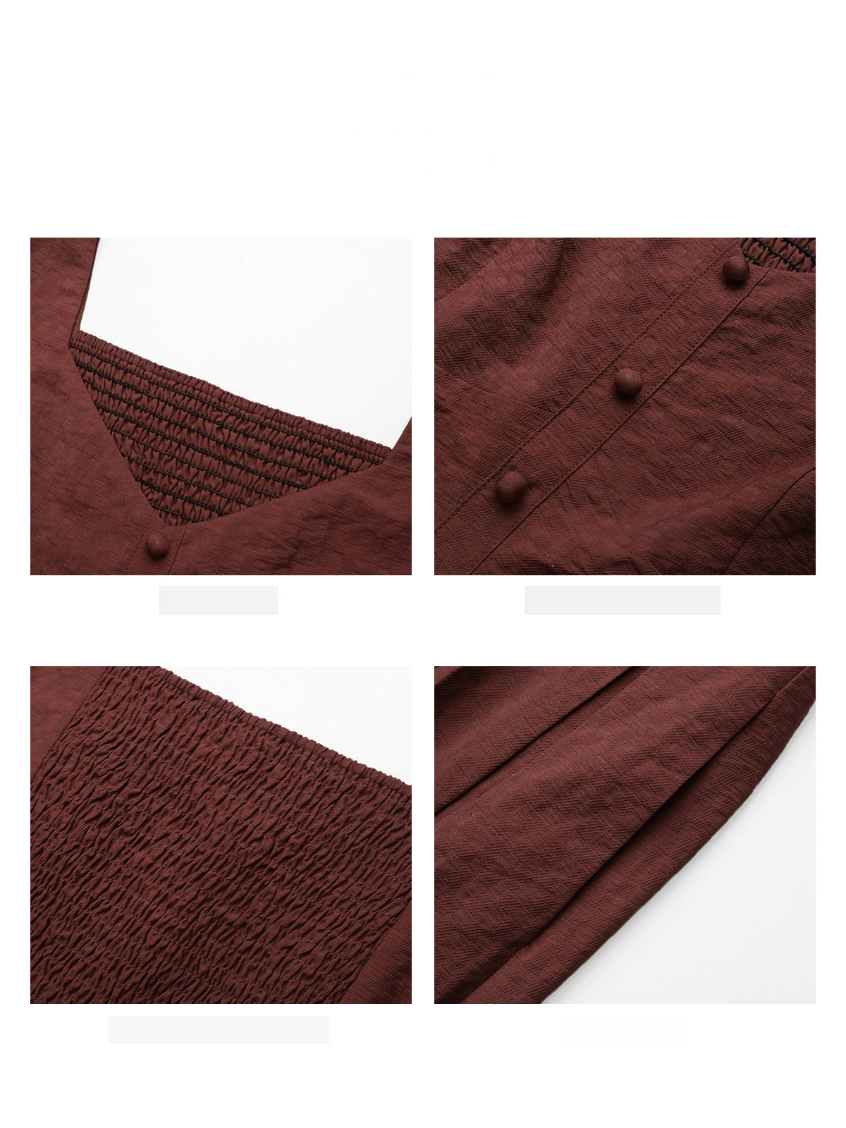Close-up of a red dress showing smocked V-neck, buttons, pleated skirt, and side pockets.