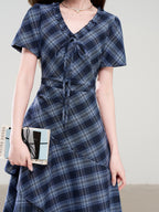 Navy Blue Plaid Midi Dress with V-Neck Ruffle and Short Sleeves